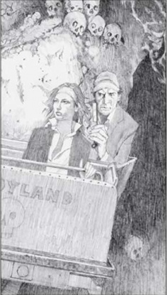 Zeichnung von Linda Gray und ihrem Mörder im Horror House aus der limitierten Edition des Romans